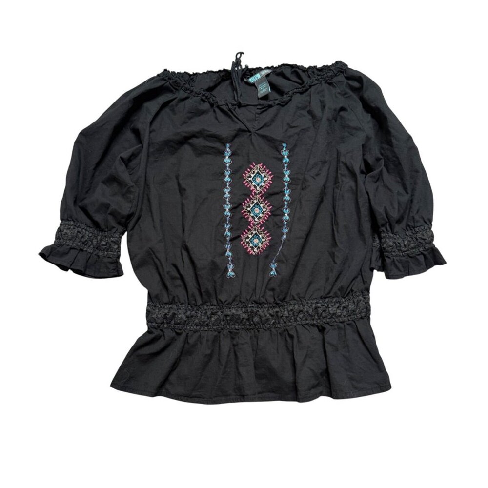 CG Sport Black XL Embroidered Peasant Top & Smocked lace Hem Peplum Whimsigoth